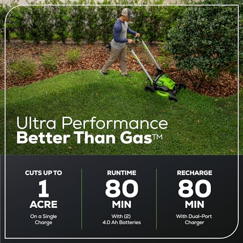 Greenworks 60V 25” Cordless (Self-Propelled) Lawn Mower (LED Lights + Aluminum Handles), 2 x 4.0Ah Batteries