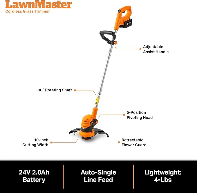 LawnMaster OcuMow Robot Lawn Mower with Cordless 24V MAX 10” Grass Trimmer Combo Kit Perimeter Wire Free for Small Yards 2000-4000 Square Feet Optical Navigation Automatic Obstacle Avoidance Spot Cut