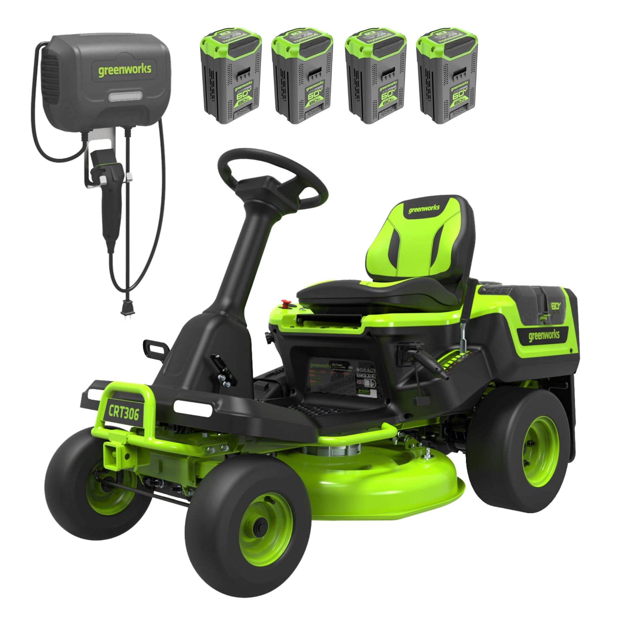 Greenworks 60V 30' Riding Lawn Mower (1.25 Acre, 16 HP Gas Equivalent, 6 MPH, Tow Up to 200 lbs.), (4) 8.0Ah Batteries (1,920 Wh Max) + Turbo Wall Charger