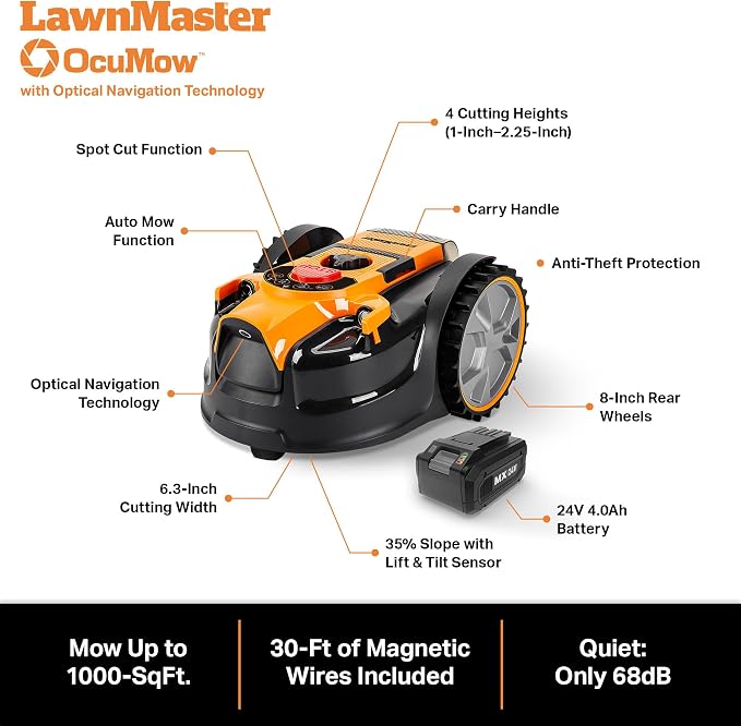 LawnMaster OcuMow Robot Lawn Mower with Cordless 24V MAX 10” Grass Trimmer Combo Kit Perimeter Wire Free for Small Yards 2000-4000 Square Feet Optical Navigation Automatic Obstacle Avoidance Spot Cut