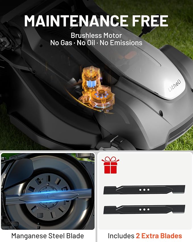Litheli 18-inch 40V Self-Propelled Brushless Lawn Mower for Garden Yards, Lightweight Cordless Mower with 6-Position Height Adjustment, 2×5.0Ah Batteries Included