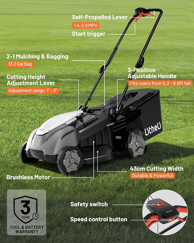 Litheli 18-inch 40V Self-Propelled Brushless Lawn Mower for Garden Yards, Lightweight Cordless Mower with 6-Position Height Adjustment, 2×5.0Ah Batteries Included