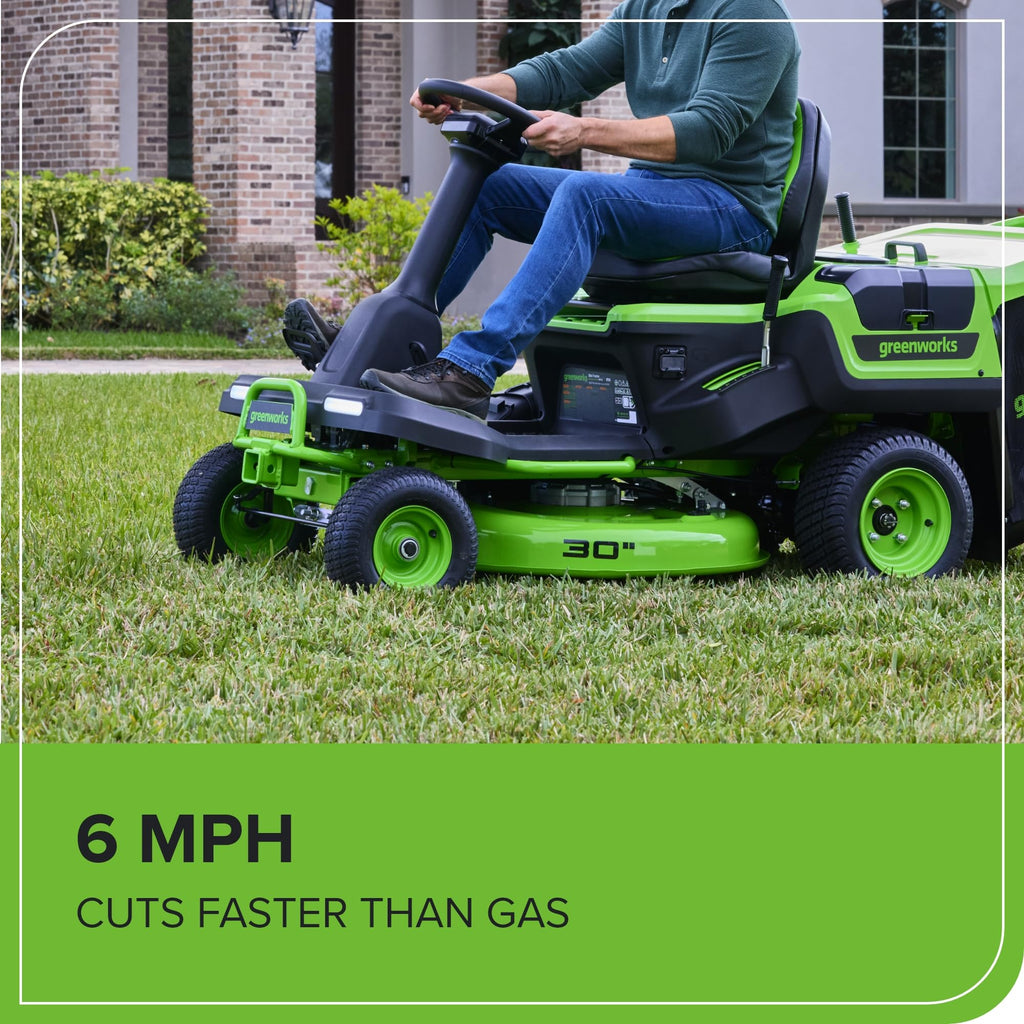 Greenworks 60V 30' Riding Lawn Mower (1.25 Acre, 16 HP Gas Equivalent, 6 MPH, Tow Up to 200 lbs.), (4) 8.0Ah Batteries (1,920 Wh Max) + Turbo Wall Charger