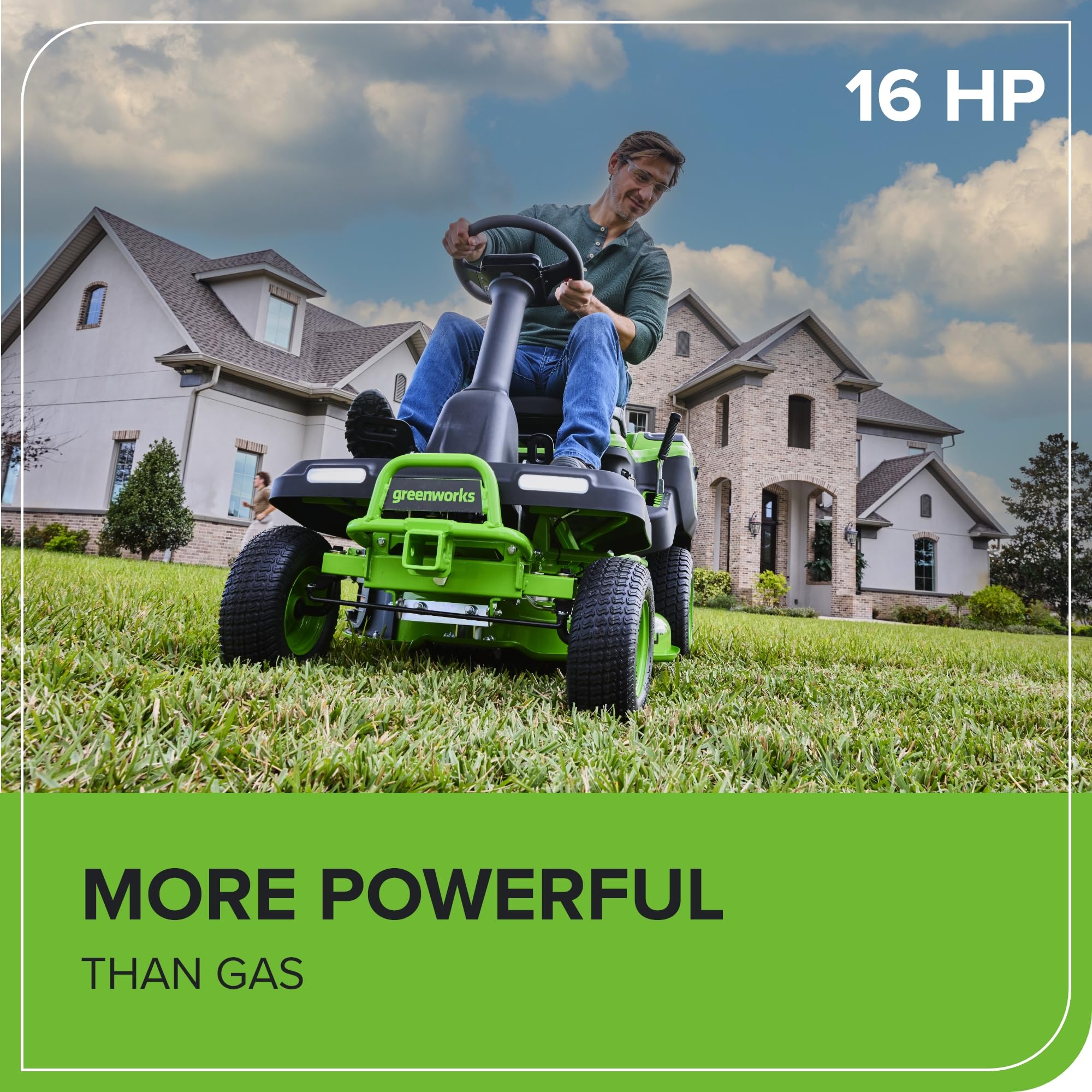 Greenworks 60V 30' Riding Lawn Mower (1.25 Acre, 16 HP Gas Equivalent, 6 MPH, Tow Up to 200 lbs.), (4) 8.0Ah Batteries (1,920 Wh Max) + Turbo Wall Charger