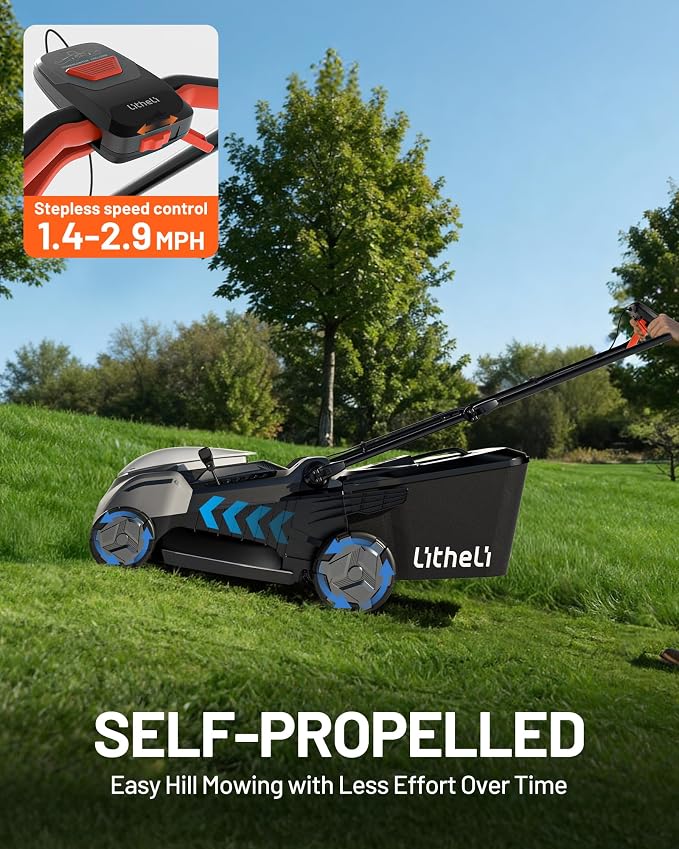 Litheli 18-inch 40V Self-Propelled Brushless Lawn Mower for Garden Yards, Lightweight Cordless Mower with 6-Position Height Adjustment, 2×5.0Ah Batteries Included