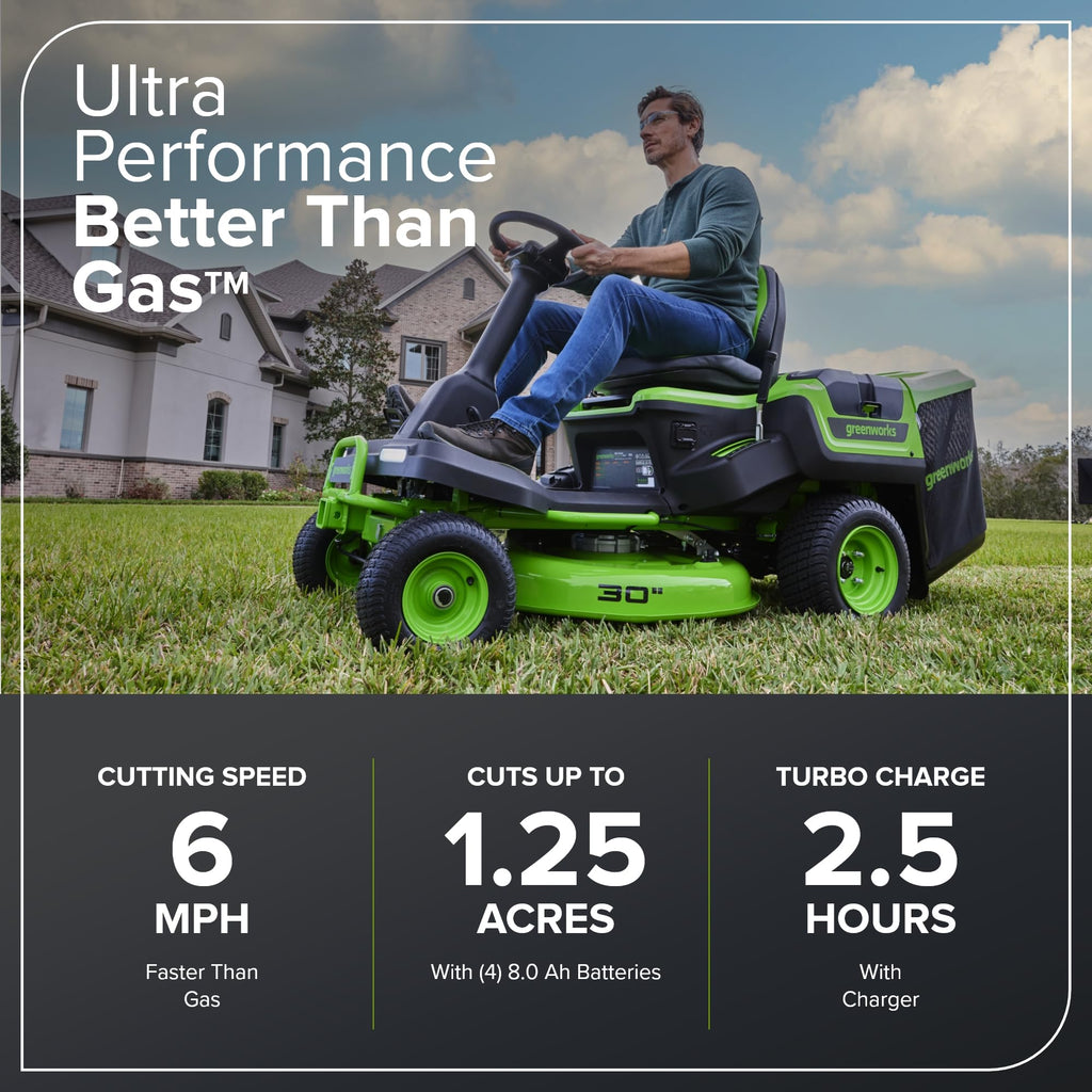 Greenworks 60V 30' Riding Lawn Mower (1.25 Acre, 16 HP Gas Equivalent, 6 MPH, Tow Up to 200 lbs.), (4) 8.0Ah Batteries (1,920 Wh Max) + Turbo Wall Charger