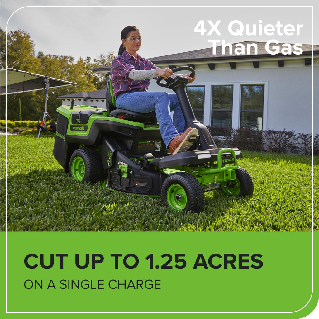 Greenworks 60V 30' Riding Lawn Mower (1.25 Acre, 16 HP Gas Equivalent, 6 MPH, Tow Up to 200 lbs.), (4) 8.0Ah Batteries (1,920 Wh Max) + Turbo Wall Charger