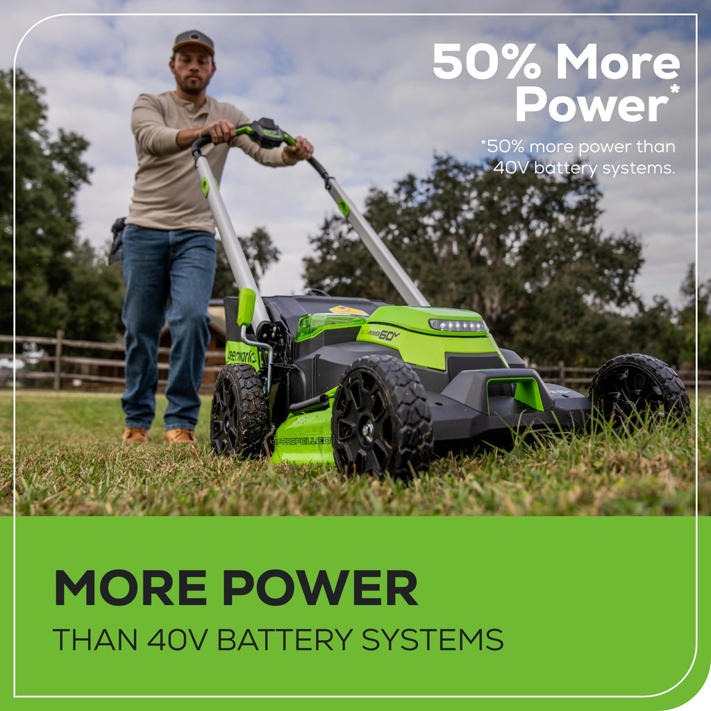 Greenworks 60V 25” Cordless (Self-Propelled) Lawn Mower (LED Lights + Aluminum Handles), 2 x 4.0Ah Batteries