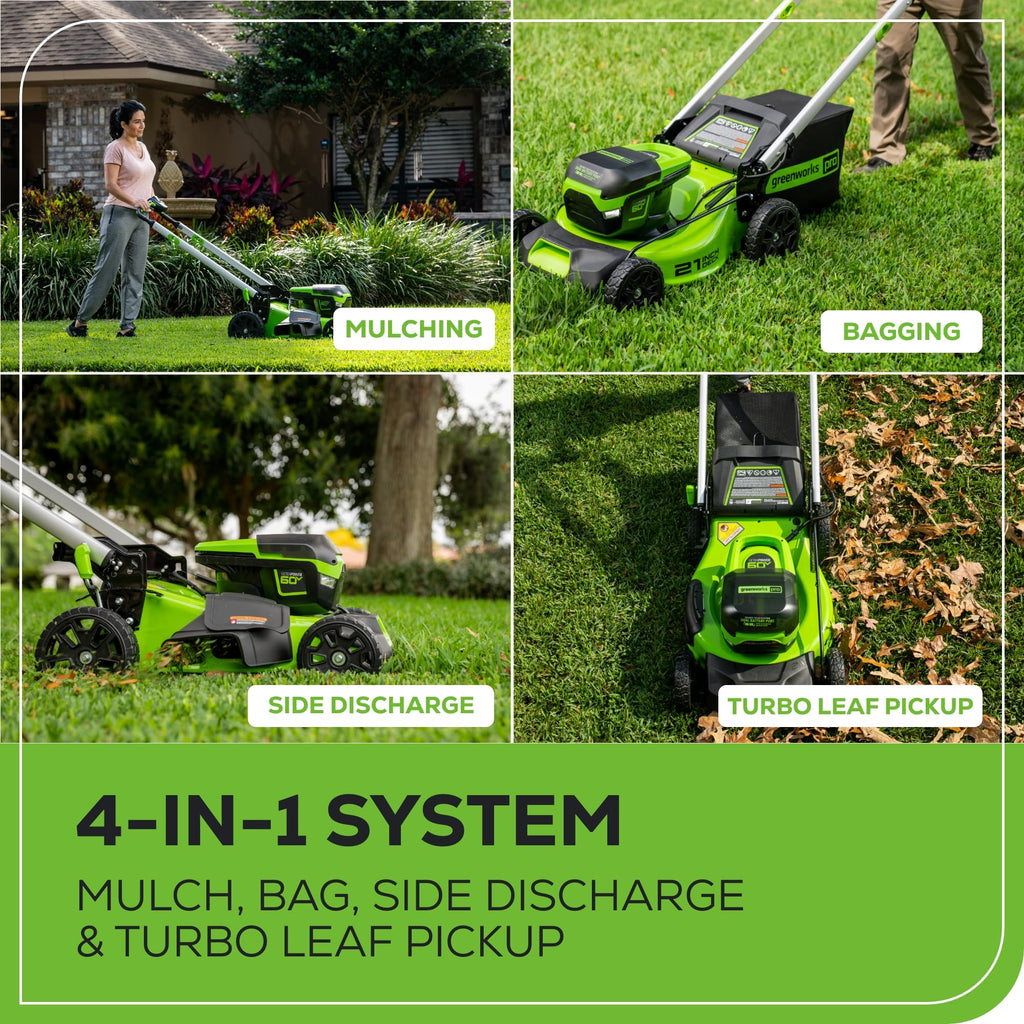Greenworks 60V 21” Cordless (Push) Lawn Mower (LED Lights + Aluminum Handles), 5.0Ah Battery and Rapid Charger