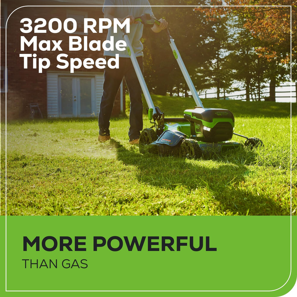 Greenworks 60V 21” Cordless (Push) Lawn Mower (LED Lights + Aluminum Handles), 5.0Ah Battery and Rapid Charger
